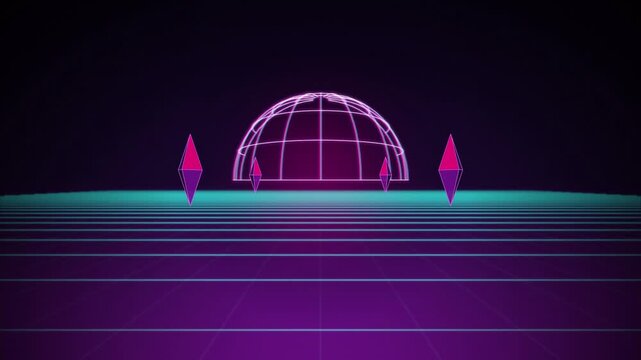 Retro synthwave wireframe dome floating crystals seamless loop