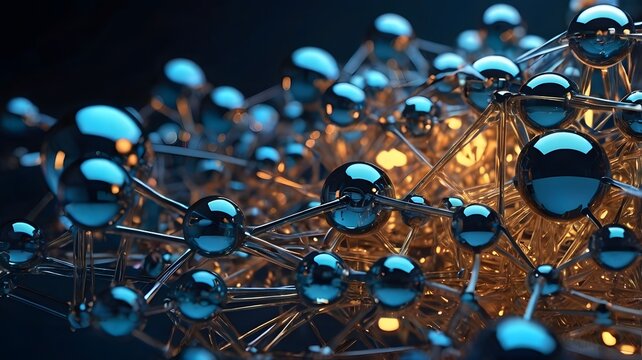 Abstract 3D metallic blue and gold spheres network connection structure render