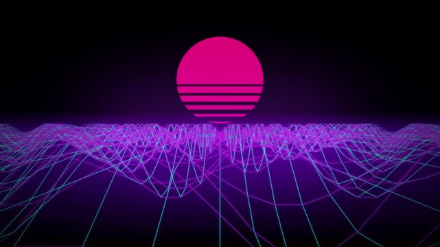 Synthwave neon sun retrowave grid wireframe seamless loop background