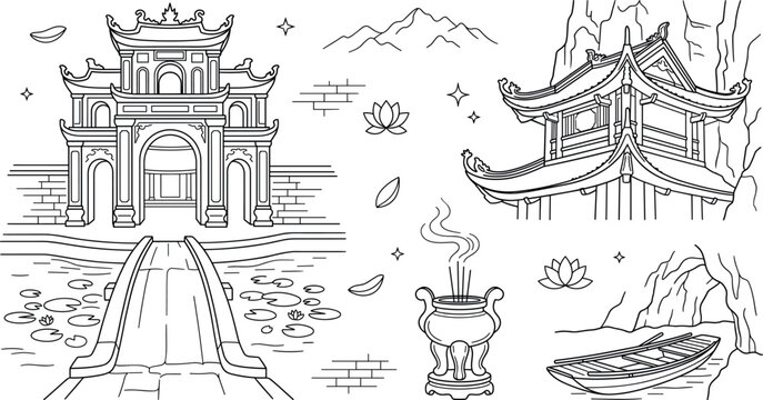 Vietnam Ninh Binh travel vector element set with Bich Dong pagoda temple gate cave boat and lotus lineart