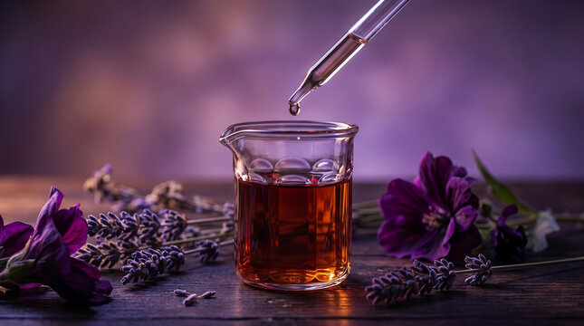 A glass dropper dripping amber essential oil into a small beaker surrounded by fresh lavender sprigs and purple flowers on a dark wooden table, representing natural aromatherapy and herbal medicine.