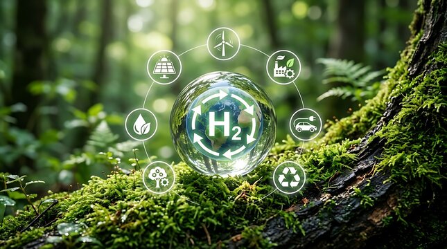 Green hydrogen energy concept on mossy log