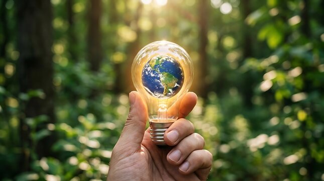 Hand holding bulb with earth inside in forest