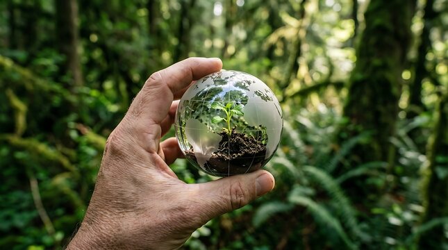 Hand holding glass globe with small plant in forest