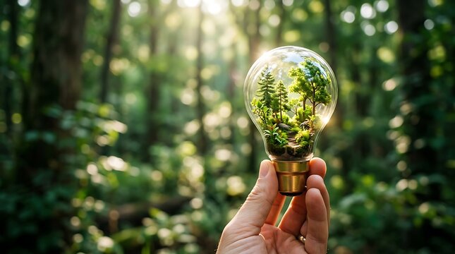 Hand holding light bulb with miniature forest