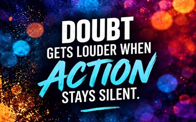 Fototapeta premium Motivational quote design about taking action to overcome doubt, featuring vibrant abstract background and bold typography for inspiration and personal development themes.