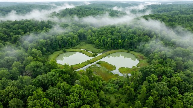 Aerial view of heart shaped lake in forest