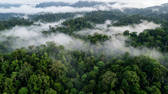 Aerial view of misty tropical rainforest