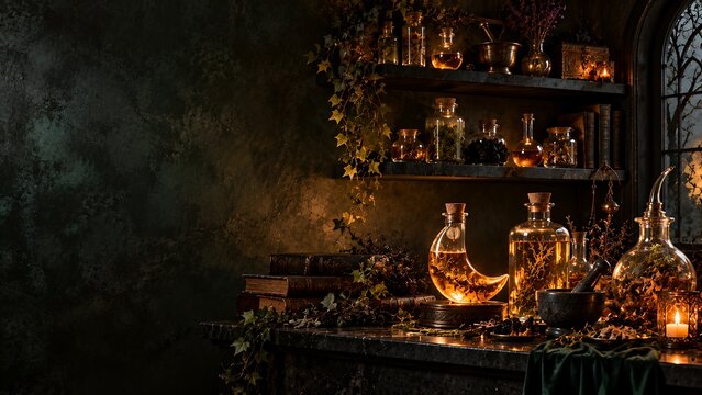 Alchemy laboratory shelves with glass potion bottles for mystical decor themes