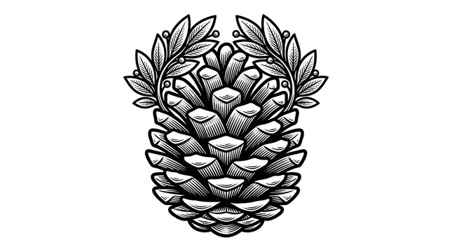 Vintage Pinecone Illustration with Laurel Wreath Emblem in Black and White Woodcut Engraving Style