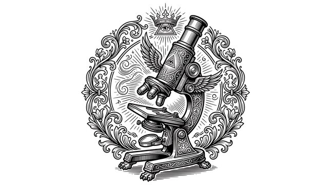 Esoteric Alchemical Microscope Illustration with All-Seeing Eye and Ornate Mystical Frame Design