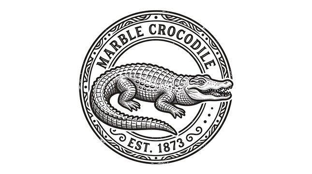 Vintage Marble Crocodile Logo Design with Established 1873 Text and Engraved Animal Illustration Seal