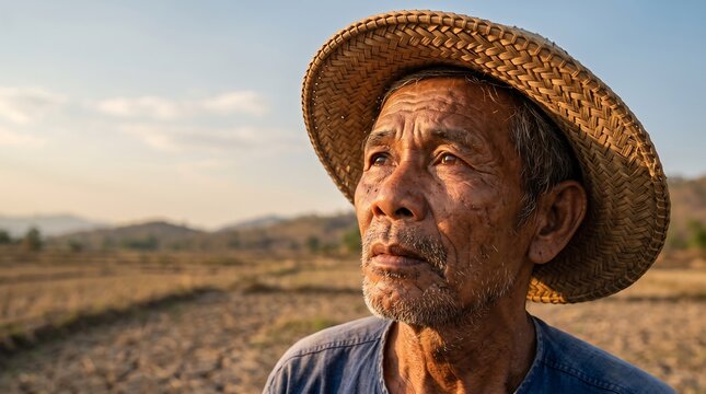Asian farmer wearing straw hat gazing at sky over dry cracked farmland