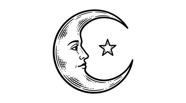 Vintage Hand Drawn Crescent Moon with Human Face and Star Illustration Isolated on White Background