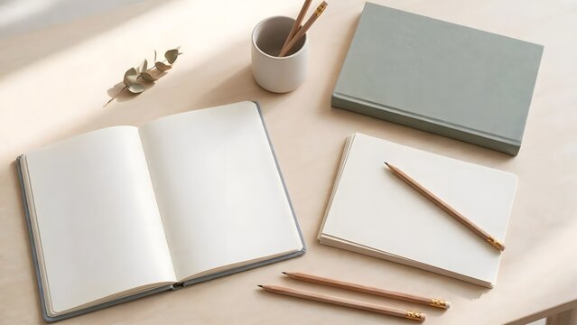 Language learning materials are neatly arranged on a bright desk, creating a clean educational workspace