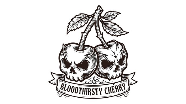 Hand Drawn Gothic Skull Cherry Illustration with Thorns and Ribbon Banner for Vintage Tattoo Design