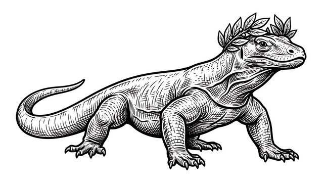 Majestic Komodo Dragon Wearing a Laurel Wreath Crown in Vintage Engraving Style Illustration