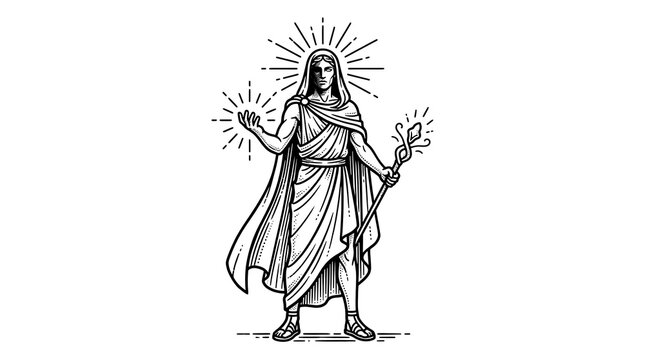 Ancient Greek God or Mythological Deity Holding Staff with Divine Light Rays Engraving Illustration
