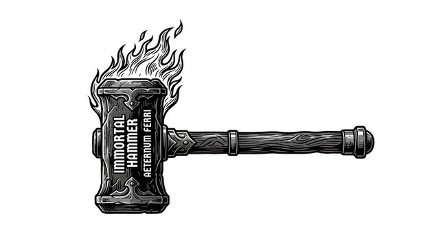 Hand Drawn Vintage Illustration of a Flaming Immortal Hammer Mythical Blacksmith Weapon Engraving