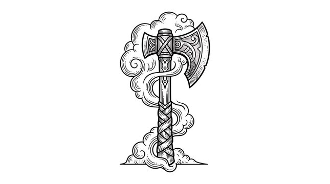 Intricate Norse Mythology Battle Axe with Smoke Swirls, Hand Drawn Black and White Vector Graphic