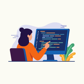 Female Software Developer Writing Code on Computer Screen for Web Design and App Development