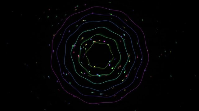 Circular quantum resonance waves with colorful particles pulsing on black seamless loop background animation