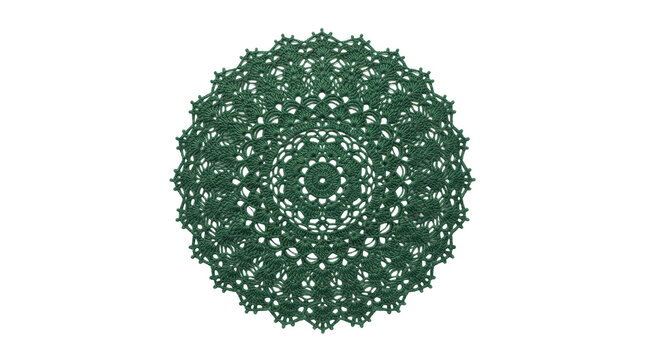 Round forest green intricate crochet mandala doily on white background
