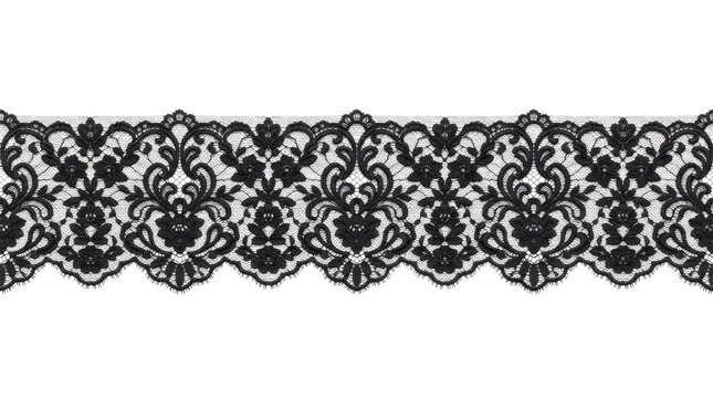 Elegant black floral lace trim border with intricate scalloped edge on white background