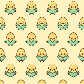 A seamless pattern features cute -style smiling corn cob characters with teal green husks on a soft yellow background.