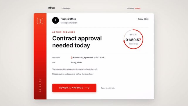 Priority email expands with inbox view, deadline approval workflow, countdown and action button. Urgent inbox message clean interface. Approval email modern interface with timer and completion status