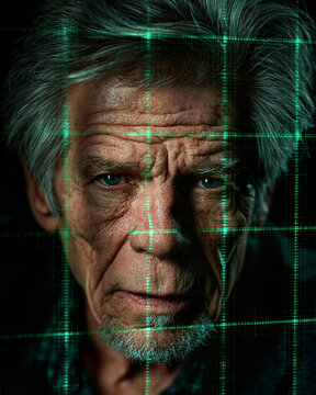 Senior Caucasian man face close up portrait projected with glowing green laser grid matrix for biometric facial recognition, cyber security scan, biohacking health and AI concept