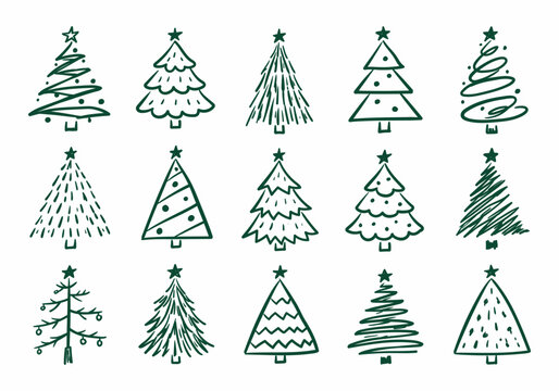 Christmas trees doodle set hand drawn holiday pine fir trees vector illustration