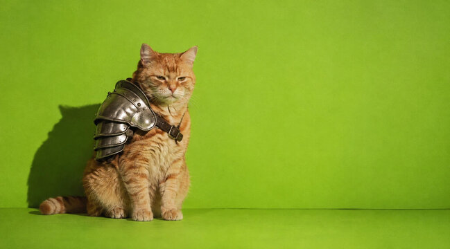 Cute ginger cat wearing miniature medieval armor against a green background