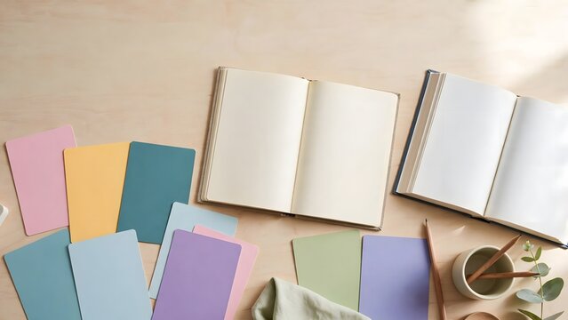 Colorful blank flashcards surround an open notebook, representing vocabulary practice and Spanish language education.