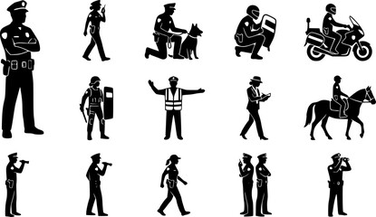 Obraz premium Police officer silhouette and outline illustration on a white background 