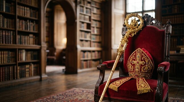 Bishop's mitre hat and golden crosier staff resting on a red velvet armchair inside an old wooden library, Saint Nicholas Day and Sinterklaas concept
