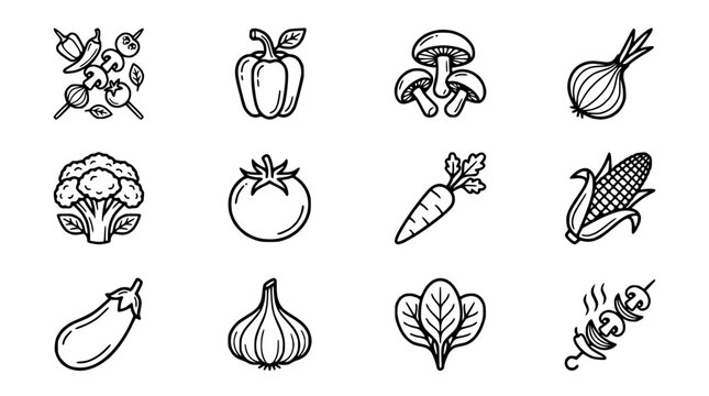 Assorted Fresh Vegetables Icons Isolated on Transparent Background