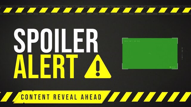 Spoiler alert with yellow black stripes, triangular caution marker and film strip framing. Hazard warning frame with triangular caution marker and film strip styling for movie and trailer opening