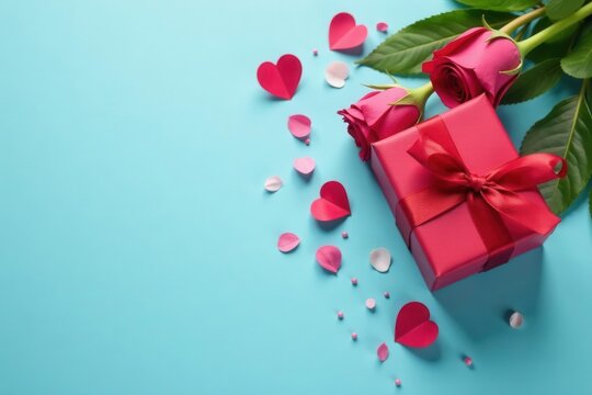 Romantic Valentine's Day gift arrangement Top view Light blue background , gift, chocolate