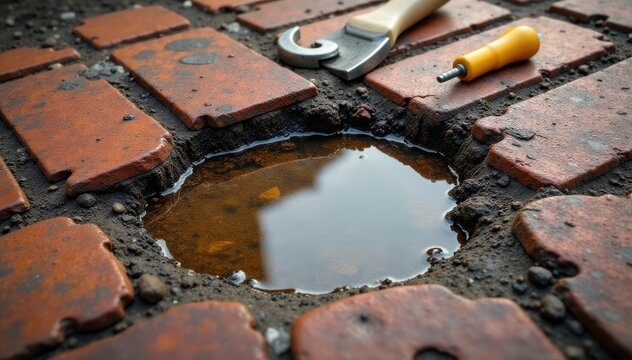 Small puddle on weathered brick, bricklayer's tools implied, construction, weathered
