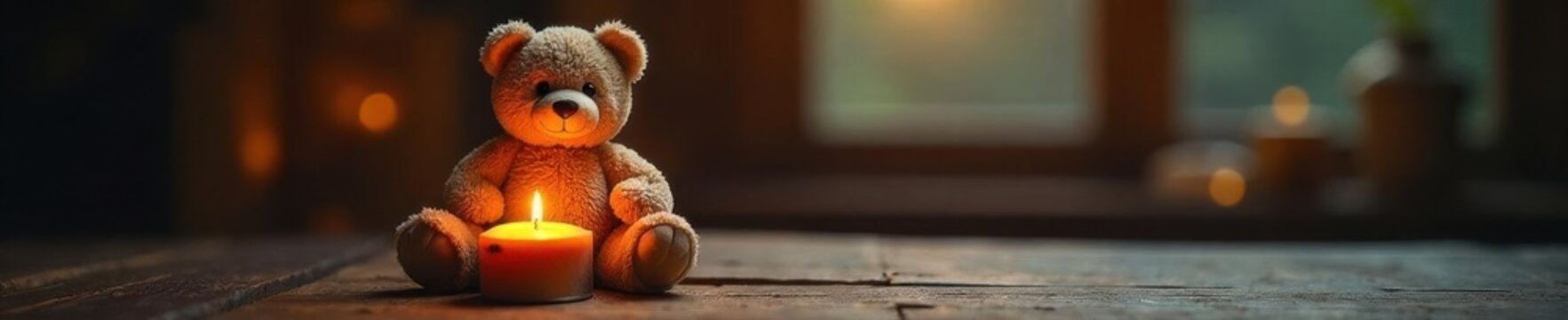Soft toy bear beside flickering candle, wooden planks, rustic, glow