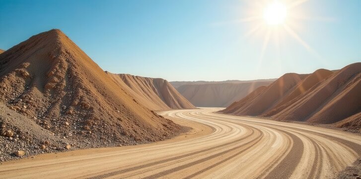 Sun-drenched gravel pit, large piles of sand & gravel for construction , building materials, quarry, open-pit mining