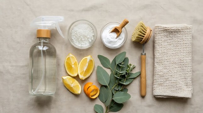 Natural cleaning supplies with lemon and eucalyptus on a gray stone surface.  Eco-friendly cleaner DIY