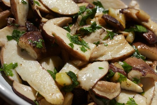 A plate of sauted porcini mushrooms, an Italian favorite.