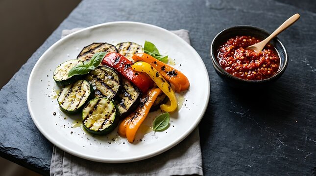Grilled eggplant and bell pepper slices served on a plate with spicy sauce. sambal oelek