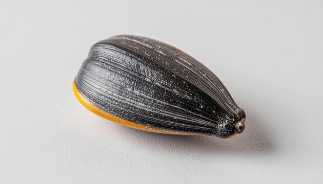 Sunflower Seed Close-Up: A single, perfectly formed sunflower seed, showcasing its striped husk and a hint of its yellow interior, rests against a neutral background.