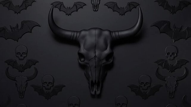 Black bull skull centerpiece with gothic bats and human skulls on dark wall