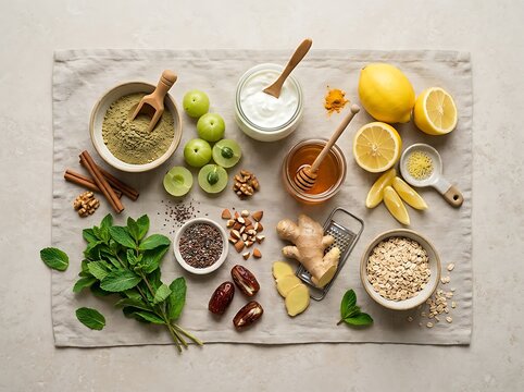 Healthy food ingredients with ginger lemon honey mint and nuts for a nutritious diet. amla powder recipes