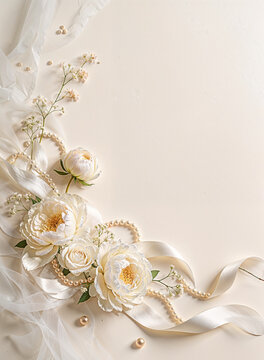 An elegant wedding celebration background featuring white silk ribbons, delicate ivory flowers, pearl-like decorative elements