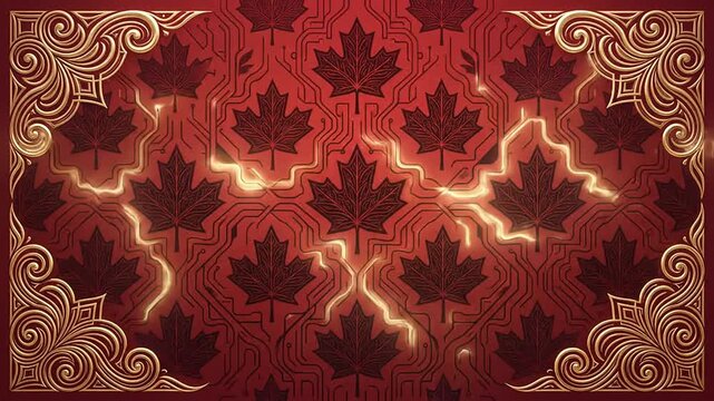 Glowing circuit maple leaves pattern on red background with electrical pulse motion